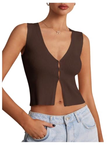 Image of GORGLITTER Women's Knit Top V Neck Sleeveless Button Up Sweater Vest Fall | Cute Summer Tops, Lightweight, Button Down, Business Casual, Work Office Shirts, Fashion Clothing