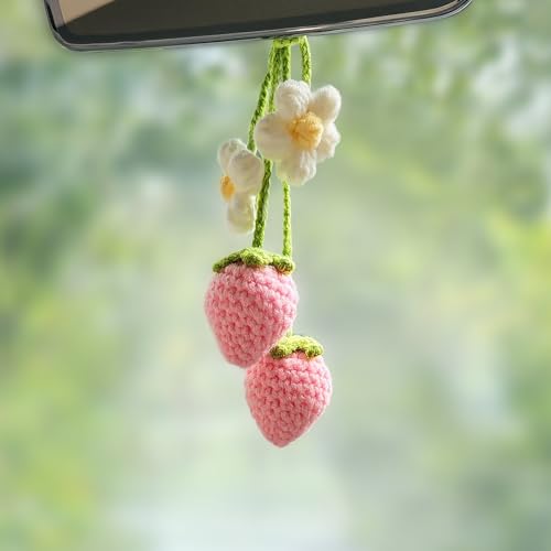 HFZRZFH Crochet Strawberry and Flower Car Hanging Ornaments, Cute Aesthetic Rearview Mirror Hanging Accessories for Women and Girls, Handmade Polyester Fiber Car Decor 2-Pack
