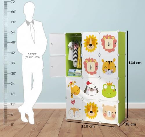 Image of KRISHYAM Kids Modular Storage Cabinet with Cartoon Animal Doors,12 Cube Plastic Wardrobe Organizer, DIY Closet System with Hanging Rod, Toy & Clothes Storage (Green, 12 Box)