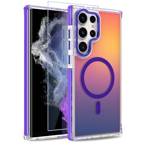 Image of Magnetic Case for Samsung Galaxy S22 Ultra [Compatible with Magsafe] [Cute Fashion Fluorescent Design] [1 Screen Protector] Slim Translucent Matte Case for Galaxy S22 Ultra 6.8 inch, Purple