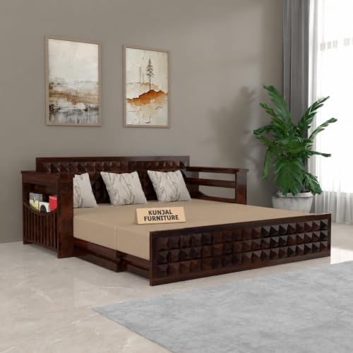 Image of Kunjal Furniture Solid Sheesham Wood Sofa Cum Bed with Storage for Living Room | 3-Seater Convertible Sofa Bed | Handmade Wooden Furniture (Walnut, Diamond)