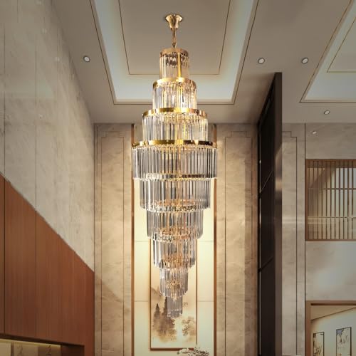 Image of Harold Electricals Caverna Long Crystal Chandelier | Staircase Chandelier Light Fixture for High Ceiling Hallway, Living Room, Hotel & Entryways - 2ft(Dia) X7ft (Height) Gold Plate