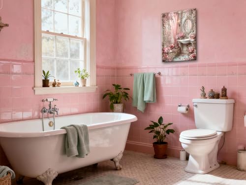 Image of Frimeeme Vintage Pink Bathroom Canvas Wall Art, 12 x 16 In, Ready To Hang