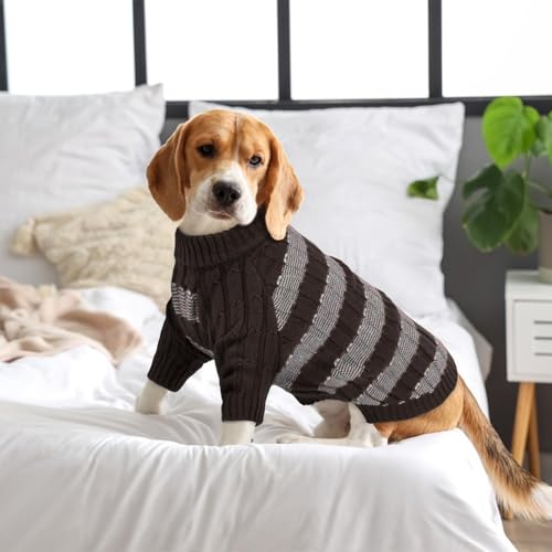 Hjumarayan Hundepullover Kleine Hunde - Pullover Hund mit Geschirrloch, Warm Hunde Strickpullover Winter mit Beinen, Pit-Streifen Hundepulli für Malteser, Zwergpudel, Braun S