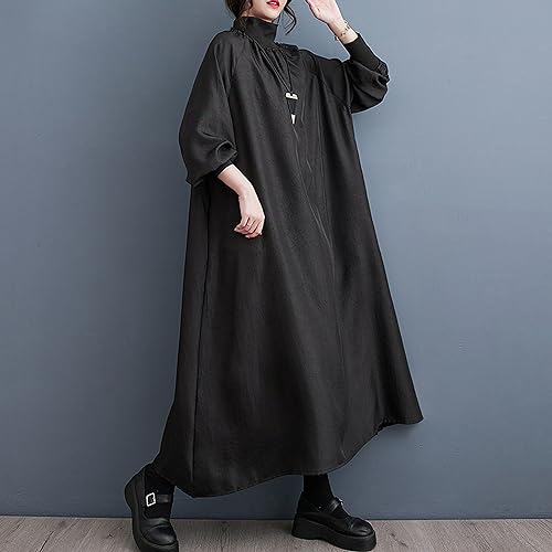 ellazhu Women's Fall Oversized Turtleneck Loose Long Sleeve Pullover Solid H-Line Maxi Dress GY28204