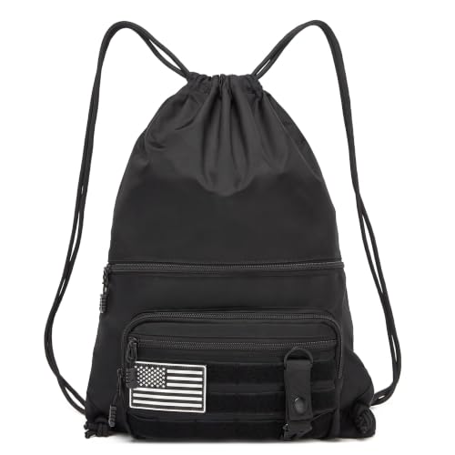 Image of seyfocnia Drawstring Backpack Tactical String Bag with Zipper Pockets Waterproof Cinch Bag Sport Gym Sackpack - Black