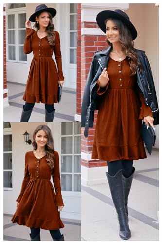 ULTRANICE Women's Sweater Dress Fall Long Bell Sleeve V Neck Button Casual Flared Winter Dresses3