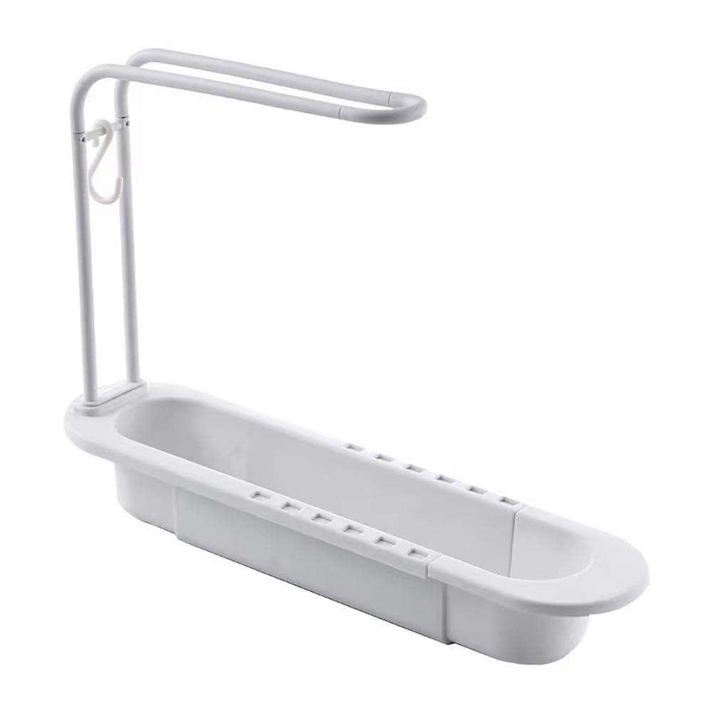 CTRLZS Telescopic Sink Shelf, Water Draining Rack with Soap Sponge Holder, Towel Bar, Kitchen Storage Organizer Basket