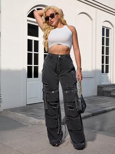 Baczoe Women's Baggy Cargo Jean High Waisted Y2K Distressed Wide Leg Denim Pants with Multi Pockets Streetwear