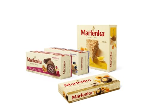 MARLENKA® Mix de Frutas – Tarta de Miel con Limón (800 g), Bolitas Vienesas (235 g), Rollo con Arándanos (300 g) y Rollo con Cacao y Frambuesa (300 g)