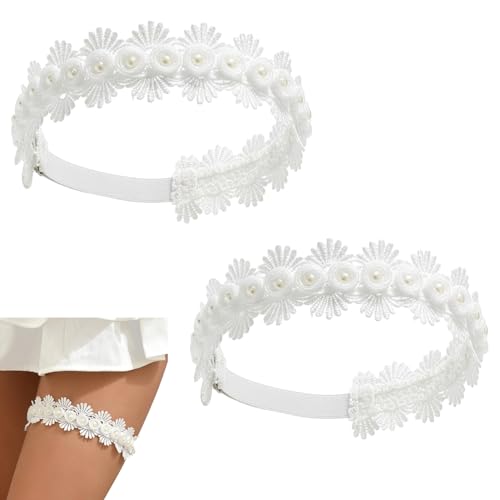 MinoCino 2 pièces Jarretière de Mariage pour mariées, jarretiere de mariée avec Perles et Fleurs en Dentelle, jarretiere Femme élastique élégante pour Femmes...