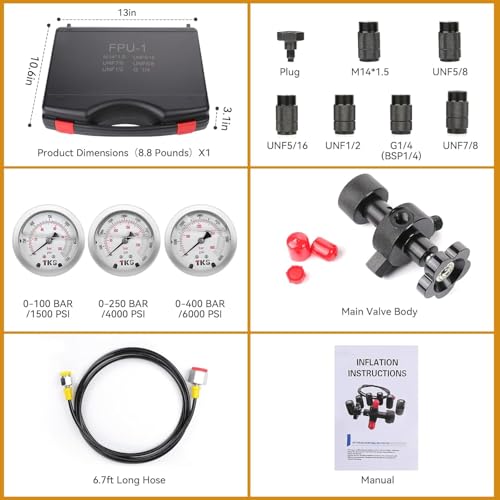 Image of Hydraulic Nitrogen Accumulator Charging Kit, Nitrogen Fill Kit, Nitrogen Pressure Test System with 7 Couplings, 3 Gauges(1500PSI /4000PSI / 6000PSI), and 1 Gas Hose (3 Gauges)