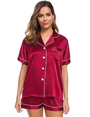 Image of SWOMOG Womens Silk Satin Pajamas Set Short Sleeve Sleepwear Button Down Top and Shorts Loungewear 2 Piece Pjs Set XS-3XL