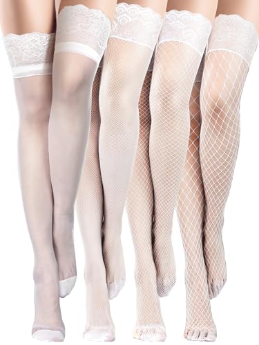 Image of Bencailor 4 Pairs Fishnet Thigh High Stocking for Women Silicone Lace Top Sheer Over Knee High Silky Stockings