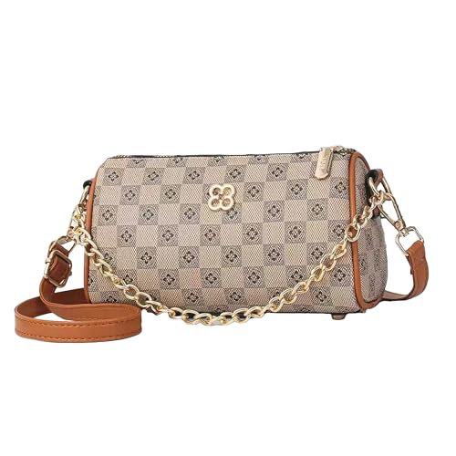 Bolsa Crossbody Feminina em Couro Sintético com Alça Dupla - Bolsa Redonda Moderna Estampa Geométrica para Dia a Dia, Trabalho e Festas (Cadeia Metal + Alça Ajustável) (Bege)