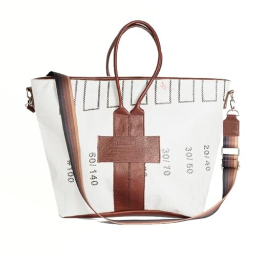 Sac plastique et cuir recyclés marron et blanc, l'excellence du grand cabas éco-conçu