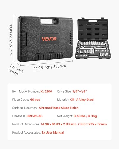 Image of VEVOR Socket Set, 69 Pieces, 3 /8 & 1 /4 inch Drive Socket and Ratchet Set, SAE and Metric, Deep and Standard, Mechanic Tool Kit with Accessories and Storage Case, CR-V Alloy Steel, for Auto Repair