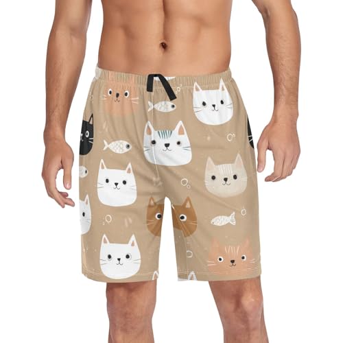 Men's Short Pajama Bottoms Cute Cat Face Fish Home Casual Sleep Pants4