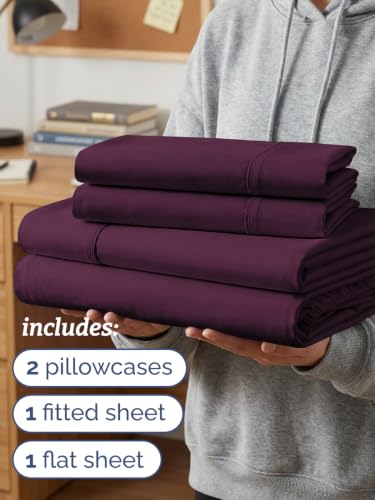 Image of Twin 4 Piece Bed Sheet Set - Breathable & Cooling Sheets - Deep Purple