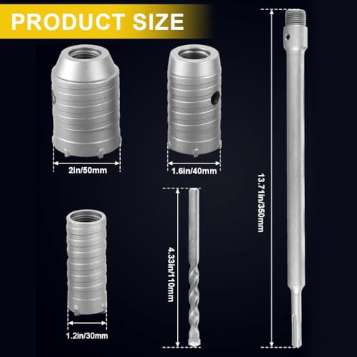 Image of Serplex Concrete Hole Saw Set Carbide Core Drill Bit Kit for Brick, Cement, Stone, Wall Drilling - Hole Cutter Set with 30mm, 40mm, 50mm Bits, 220mm SDS Plus Shank and Center Drill