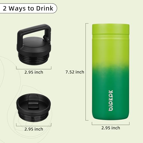 Image of BJPKPK 20 oz Insulated Travel Water Bottle, Coffee Tumbler Stainless Steel | Double Wall Vacuum, Leakproof, Thermal, Keeps Hot /Cold, Dishwasher Safe, Spill Proof, Wide Mouth, 2 Lids, Matcha Green