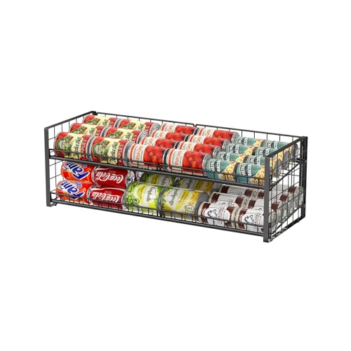 2-Tier Stackable Can Organizer for Pantry, Adjustable Extra-Long Can Rack for Pantry Shelf Organizer and Storage, Sturdy Standing Can Holder for Canned Soup Food Goods Storage up to 64 Cans, Black