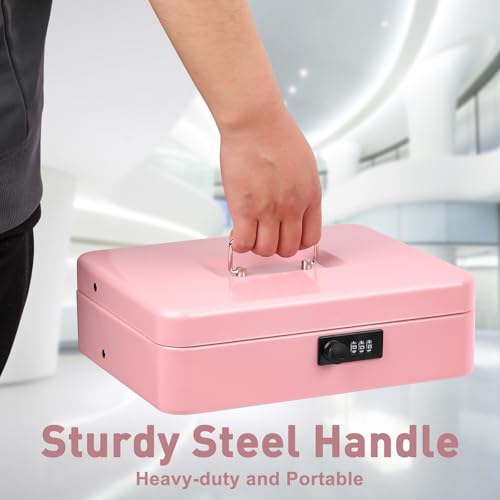 Image of KYODOLED Large Cash Box with Combination Lock, Money Box with Cash Tray, Lock Safe Box with Key, Money Saving Organizer, 11.81Lx 9.45Wx 3.54H Inches, Pink XL Large