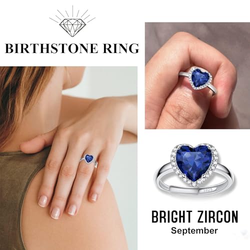 925 Sterling Silver Birthstone Rings for Women Girls with Clear 2ct Heart/Round/Teardrop/Square Crystal, Solitaire Diamond Open Bands Cubic Zirconia Rings Adjustable Size6-122