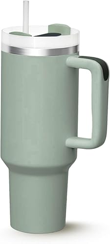 Vaso aislado de 40 onzas con asa y tapa con popote, botella de agua de acero inoxidable de doble pared, taza de viaje reutilizable, sin BPA,