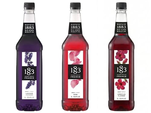 Image of 1883 Lavender, Rose, Hibiscus Syrups (Floral Flavors) for Coffee & Drinks - 1 Liter Plastic Bottles (Pack of 3)
