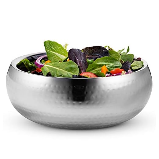 Double Wall Serving Bowl, by Kook, Hammered Style, Stainless Steel, Soup, Cooked Food, Salads, Fruit, 11 Inch