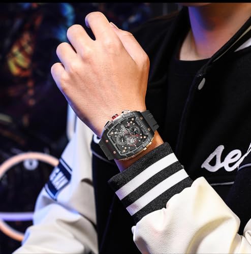 Image of PASOY Luxury Chronograph Watches for Mens Rubber Strap Black Waterproof Date Analog Quartz Watch