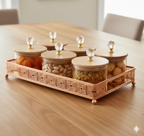 Image of Diwali Serving Dry Fruit Tray, 6 pcs Glass Container Serving Tray Set | 600 ML Each Premium Design Air-Tight Lid Copper Stand Organizer Bamboo jar Lid Holders