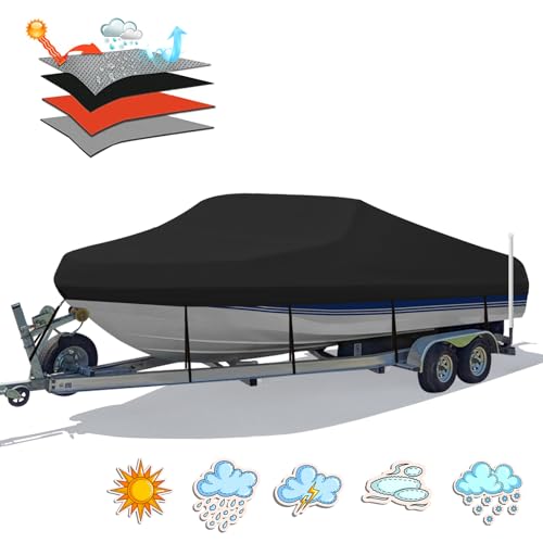 HAHASOLE Heavy Duty 1200D PU Waterproof Boat Cover Trailerable Marine Grade Polyester Canvas Fit V-Hull Tri-Hull Fishing Boat Runabout Pro-Style Bass Boat with Strap 23- 24 Black
