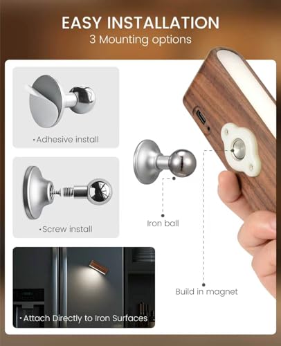 Image of Wood LED Wall Sconce Magnetic 360Rotate Mounted Mini Lamp Brightness Adjustable Nightlights Rechargeable Battery Powered Reading Light for Bedside Hallway Living Room Black Walnut Set of 2