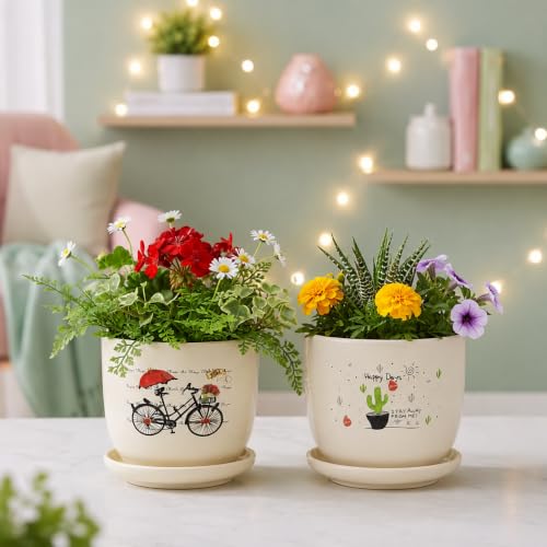 Image of Xtore Charming Bicycle & Cactus Ceramic Planter Set of 2 with Saucers for Home & Office Decor | Artistic Small Flower Pots for Living Room, Bedroom, Balcony, Desk, Shelf & Window Styling (Off-White)