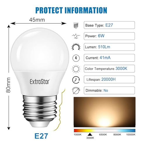 EXTRASTAR E27 LED Light Screw Bulb 6W, Warm White 3000K Energy Saving, 42W Equipment, Golf Ball Bulbs, 510LM, Non-Dimmable, 3 Count - Image 4