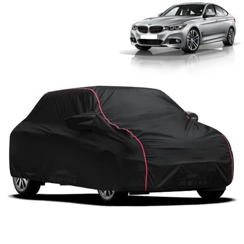 Image of Waterproof Car Cover for BMW 3 Series GT | All-Weather Protection, Dustproof & UV Resistant | Triple Stitched Mirror Pockets, Windproof Buckle Strap with Elastic Hem, Black-Red Piping