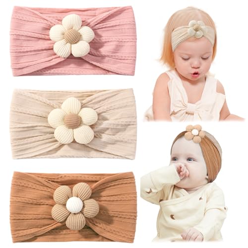 Jollybows 3 Piezas Diadema Bebe Niña, Nailon Diademas Elástica de Bebé Recién con Lazo Banda para Cabeza para Niñas Bebé Pelo Accesorio (Negro Blanco Rosa)