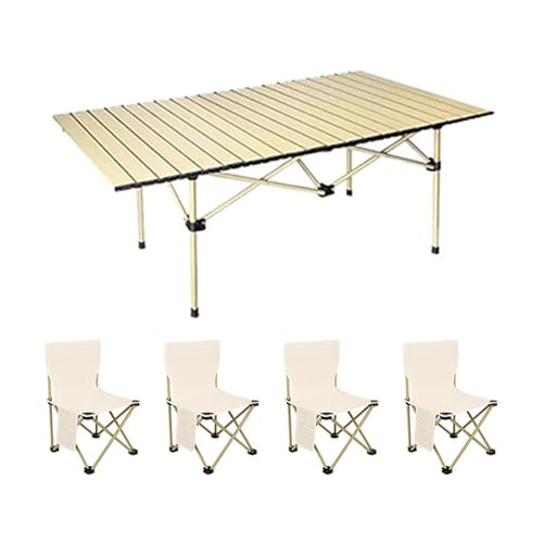 HBOOMOEM Camping Set Mit Tisch & KlappstüHlen，Robuster Tisch Und StüHle Im Freien Set ，Tasche Mit Stauraum, Geeignet FüR Strand, Garten, Wandern, Reisen, Angeln, Grillen.(Khaki,119CM+4 Chairs)