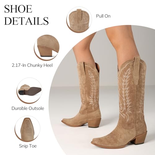 Image of Tscoyuki Cowboy Boots for Women: Embroidered Western Knee High Boots Women - Pointed Toe Chunky Heel Cowgirl Tall Boots