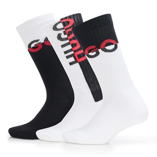 HUGO Men's 3 Pack Logo Block Ribbed Cotton Socks