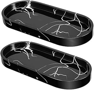 BIKHYY Bathroom Vanity Tray 2 Pack Resin Dresser Jewelry Ring Dish Tank Cosmetic Organizer Plate Holder for Perfume Candles Towel Soap Small Plant (2 Pack Oval Marble Black)