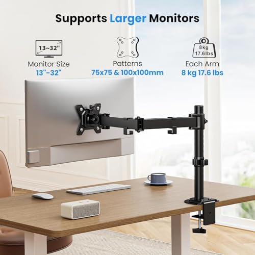 Image of Dyazo Single Monitor Desk Mount Stand | Height Adjustable Fully Articulating Arm for 13-32 Inch Screens | VESA 75x75 /100x100 Compatible | Tilt & Rotate Monitor Holder with C-Clamp /Grommet Base (Black)