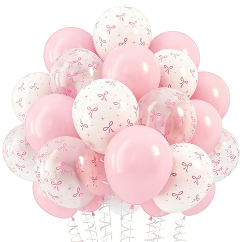 Image of 12 Inch Pink Bow Balloons Set 60 Pcs Pastel Pink White Clear Bow Print Latex Balloons for Princess Birthday Bridal Shower Wedding Party Decorations