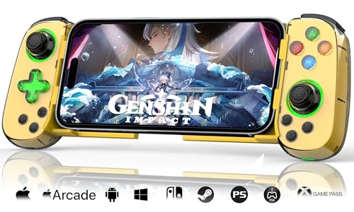Phone Game Controller for iPhone 17/Android/PC/Switch, Play COD, Genshin,Support Streaming on PS5/Xbox/PC Console, Cloud Gaming Wireless Gamepad Joystick, Turbo/6-Axis Gyro/Dual Motor, Green Light,Yellow