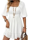 Dokotoo Womens White Dress Summer A-Line Flowy Dresses Lantern Sleeve Beach Outfits for Women Tie Back Sexy Dress Shirred Elastic Waist Off The Shoulder Dresses Ruffled for Beach Medium