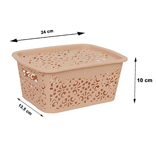 Image of Cutting Edge Essentials Plastic Storage Baskets /Shelf /Turkish Rack with Lid - Set of 2 for Fruit Vegetable Bathroom Stationary Home Basket with Handle (Beige, Small)