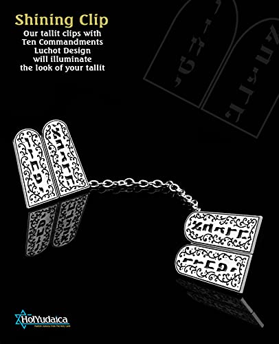 Image of Clips for Tallit Prayer Shawl, Made in Israel, Silver & Black Color wirh a Ten Commandments Luchot Design, 3CM / 3.5CM (3CM /3.5CM Each)