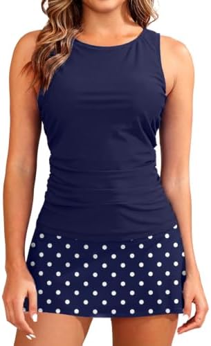 Daci Womens Navy Dot Tankini Swimsuits with Skirt Tummy Control M